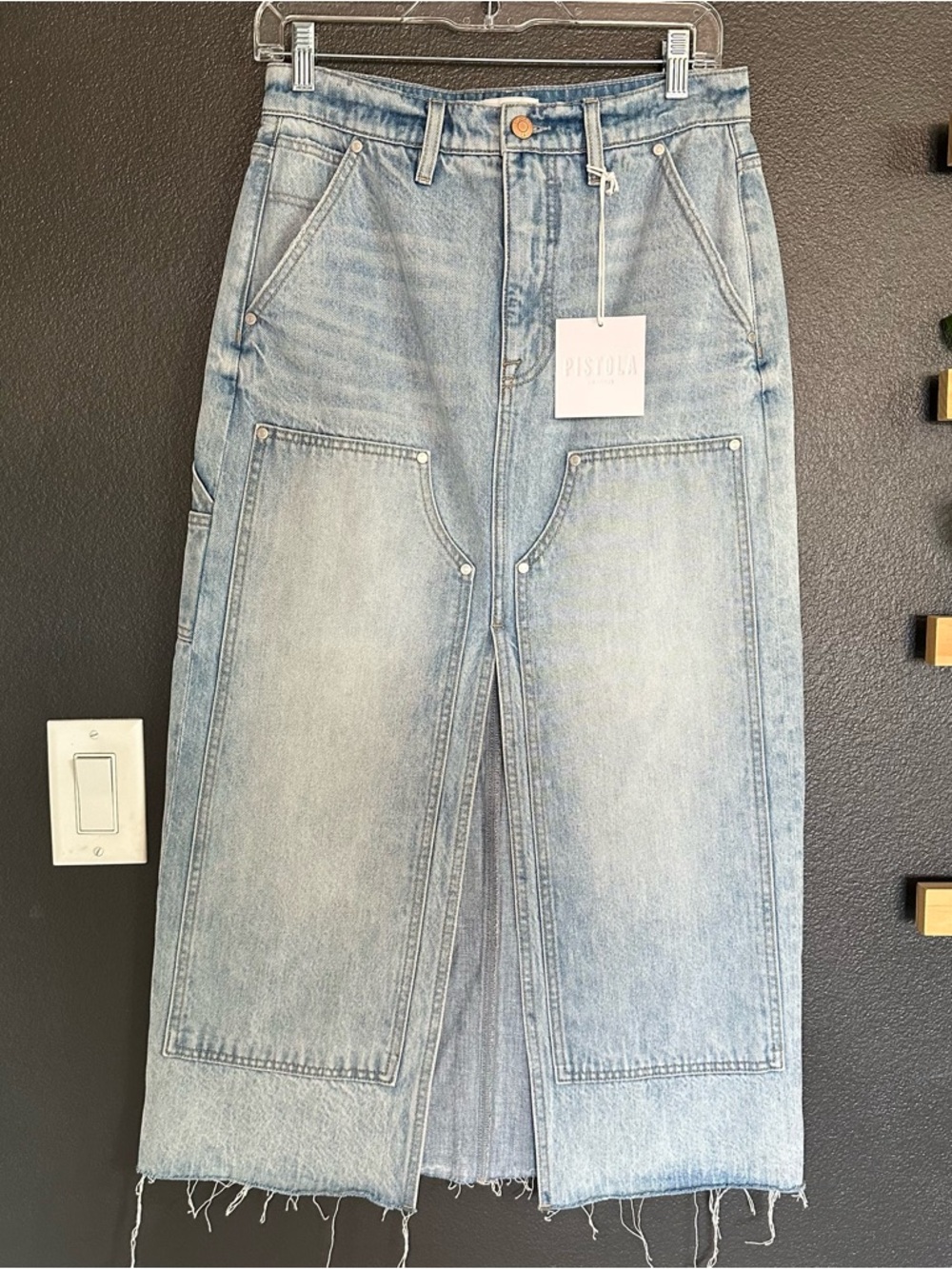 Pistola Alice Workwear carpenter High Rise Midi Denim skirt NWT Size 26 - Picture 5 of 12